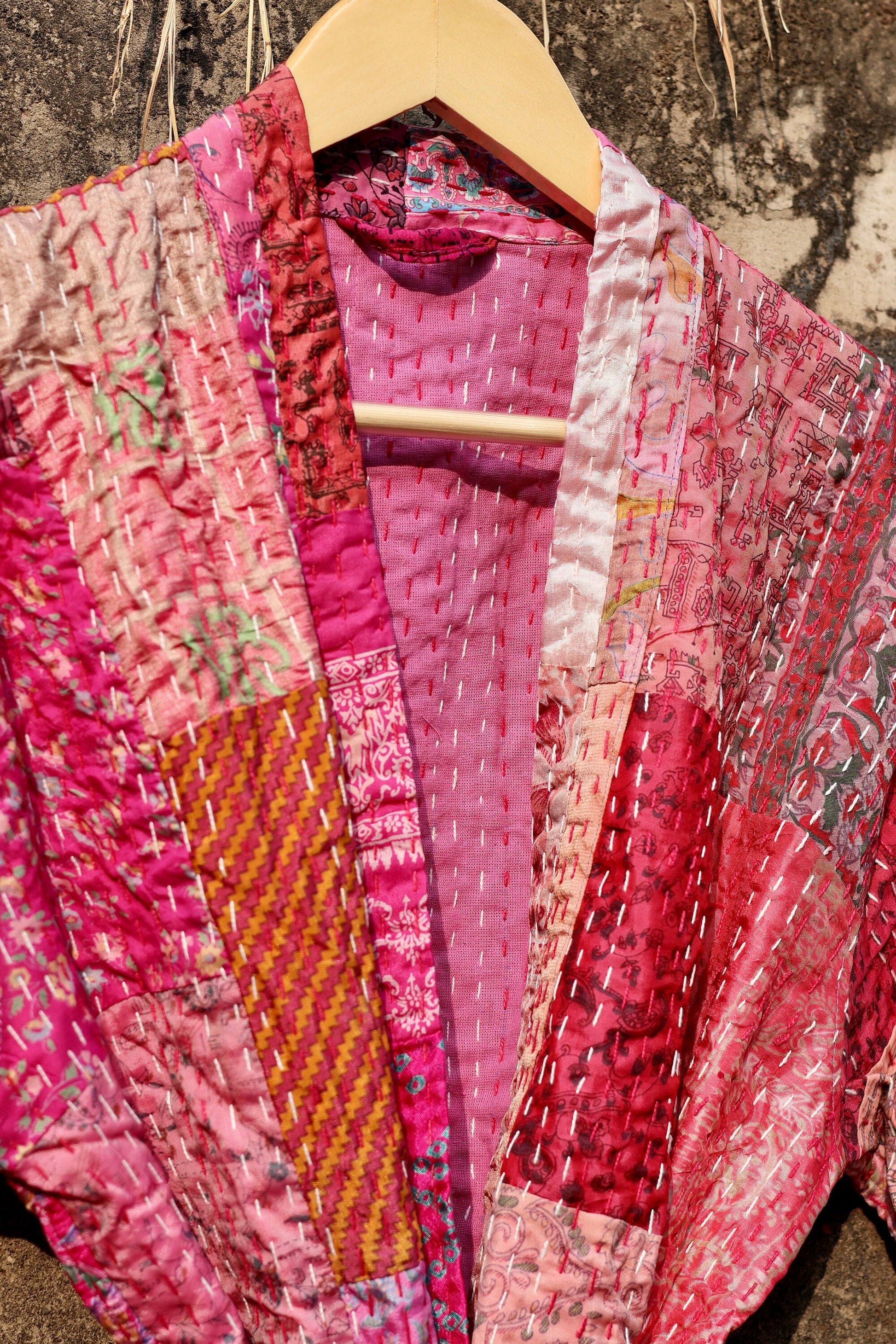 Vintage Handmade Silk Patchwork Kantha Kimono Robe | Indian Silk Kantha Jacket Kimono Robe | Bridesmaid Robe | Kantha Kimono