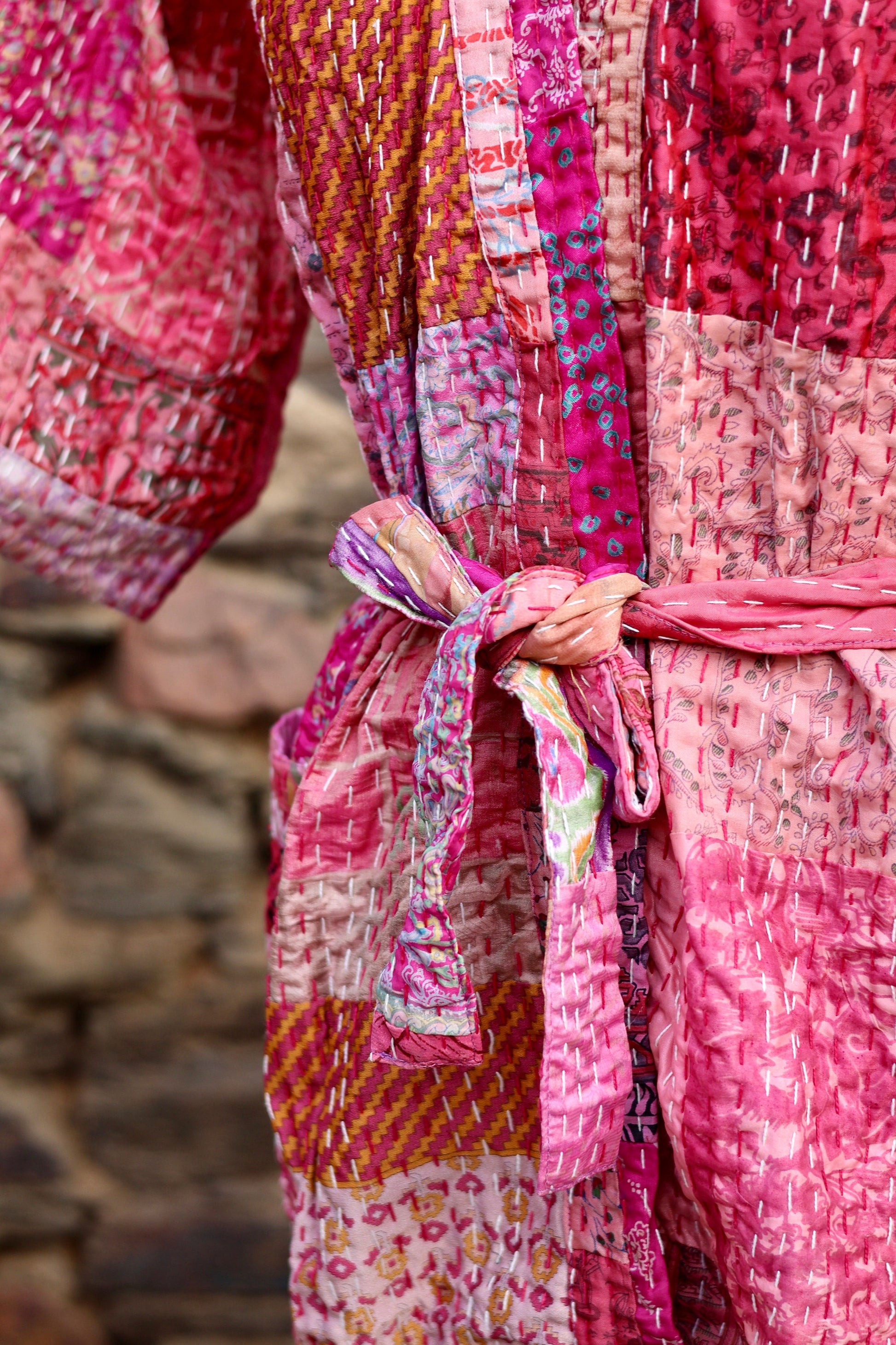 Vintage Handmade Silk Patchwork Kantha Kimono Robe | Indian Silk Kantha Jacket Kimono Robe | Bridesmaid Robe | Kantha Kimono