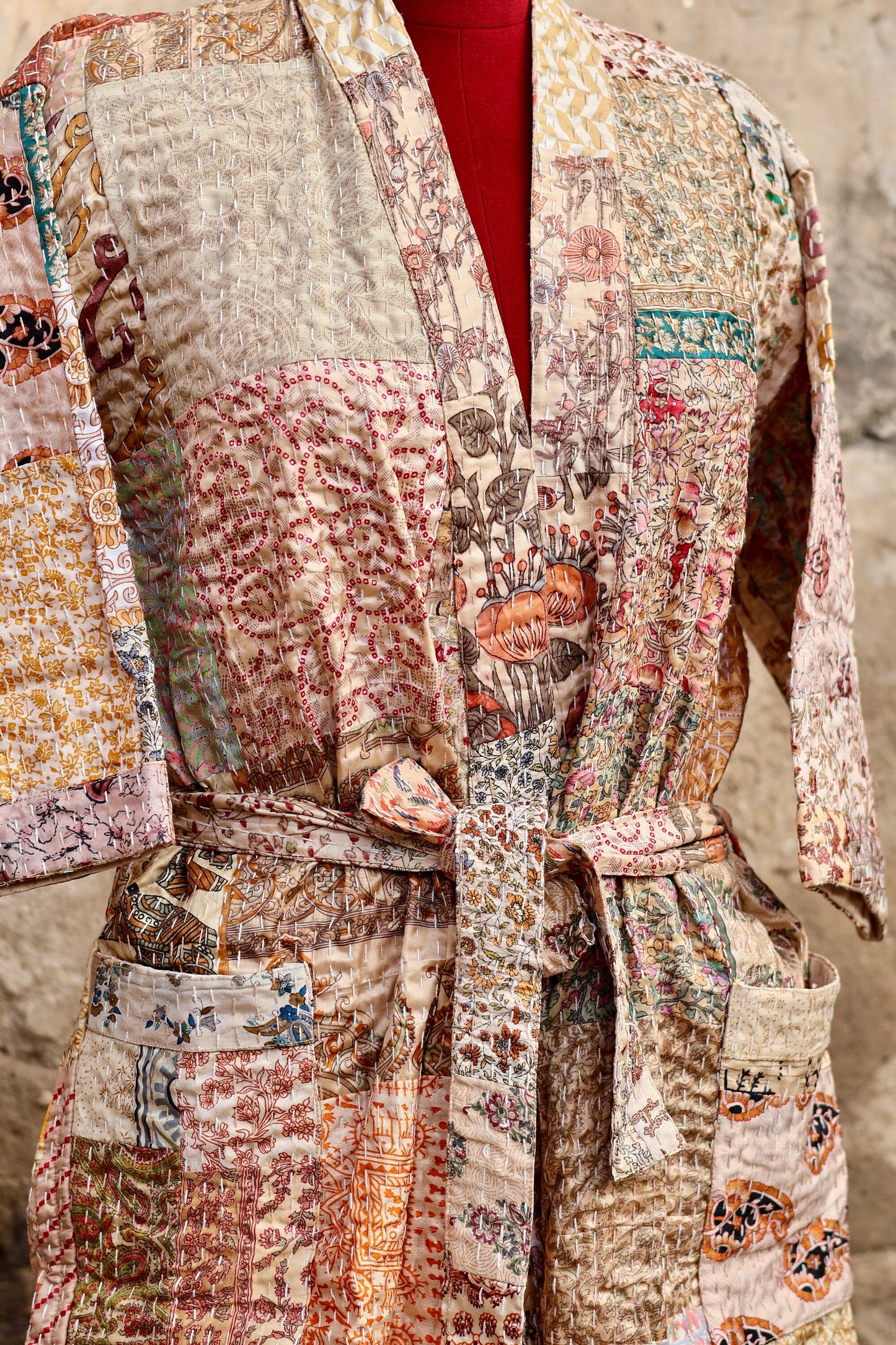 Vintage Handmade Silk Patchwork Kantha Kimono Robe | Beige Color Indian Silk Kantha Jacket Kimono Robe | Bridesmaid Robe | Kantha Kimono