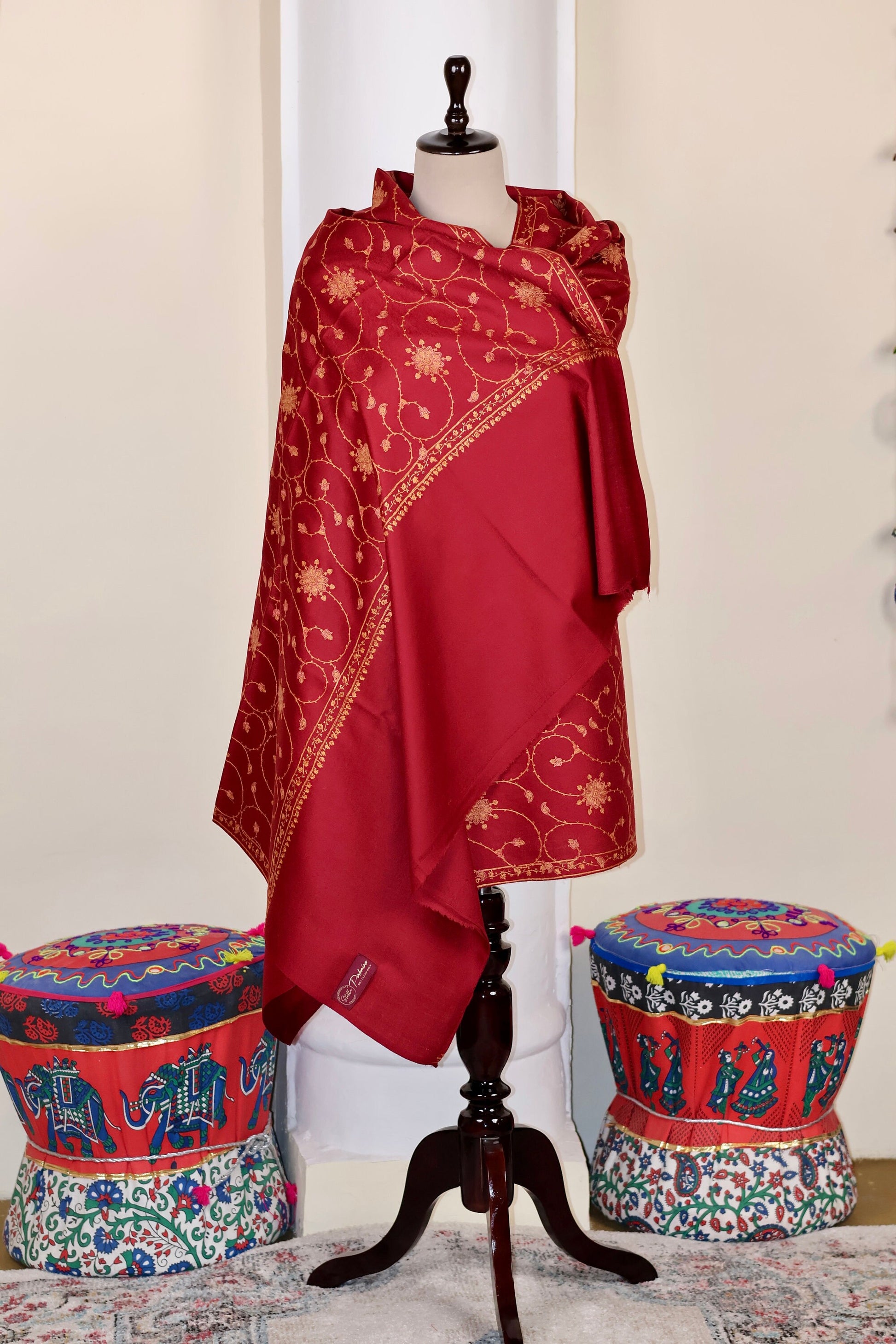 Red Pashmina Cashmere Shawl, Sozni Embroidery Kashmiri Pashmina Silk Shawl, Premium Cashmere Scarfs, Soft & Warm Shawls, Christmas Gift