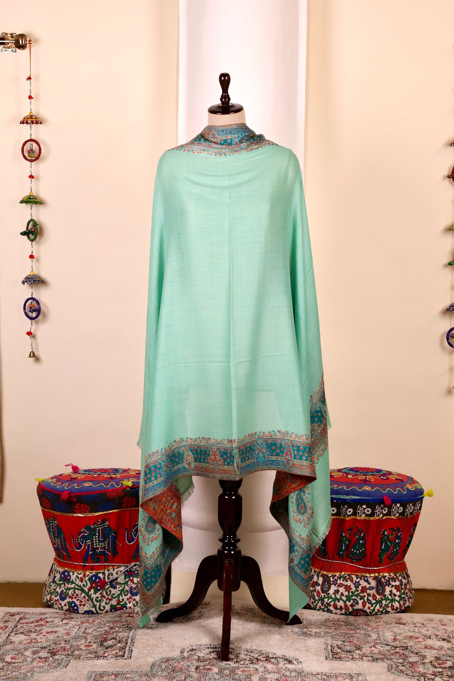 Green Pashmina Cashmere Shawl, Kalamkari Kashmiri Pashmina Silk Shawl, Premium Cashmere Scarfs, Soft & Warm Shawls Christmas Gift