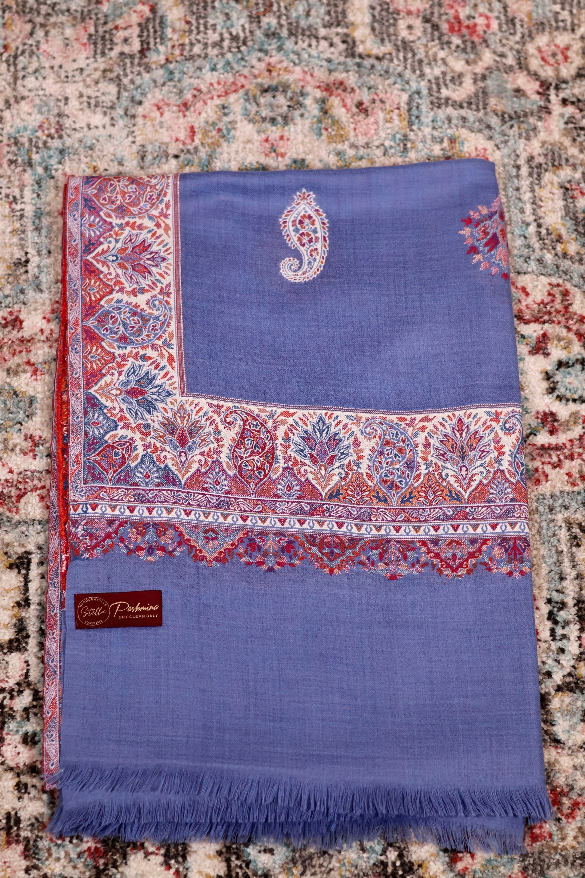 Blue Pashmina Cashmere Shawl, Kalamkari Kashmiri Pashmina Silk Shawl, Premium Cashmere Scarfs, Soft & Warm Shawls Christmas Gift