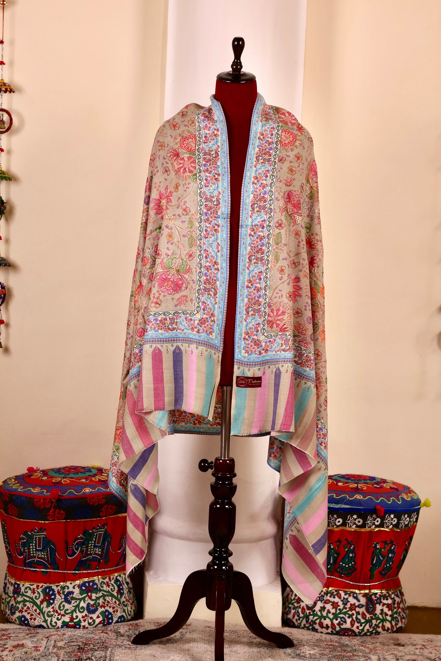Kalamkari Pashmina Cashmere Shawl, Hand Embroidery Kashmiri Pashmina Silk Shawl, Premium Cashmere Shawl, Soft & Warm Shawls, Christmas Gift