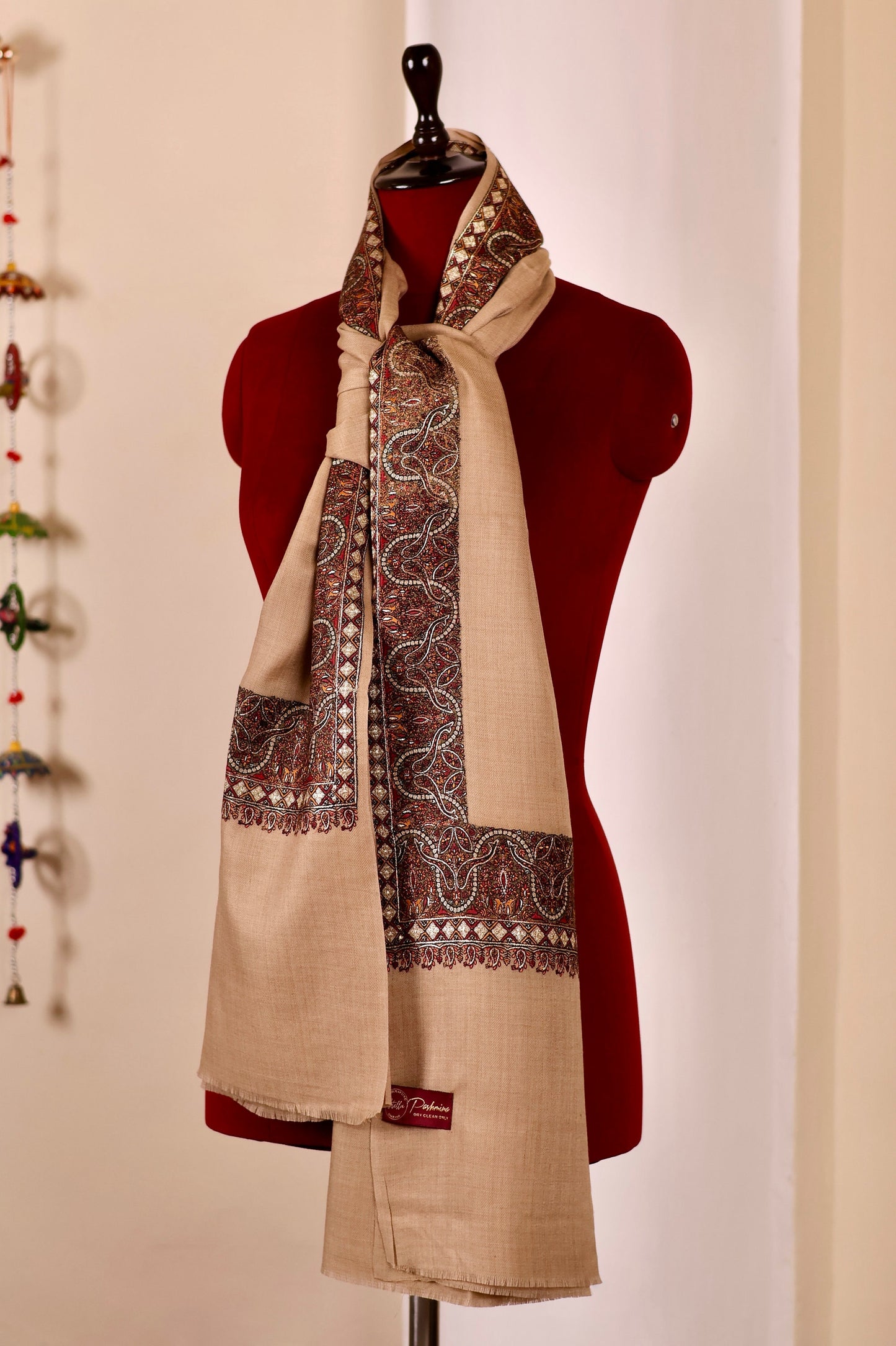 Authentic Pashmina Cashmere Shawl, Handmade Beige Kashmiri Pashmina Silk Shawl, Premium Cashmere Scarfs, Soft & Warm Shawls, Christmas Gift