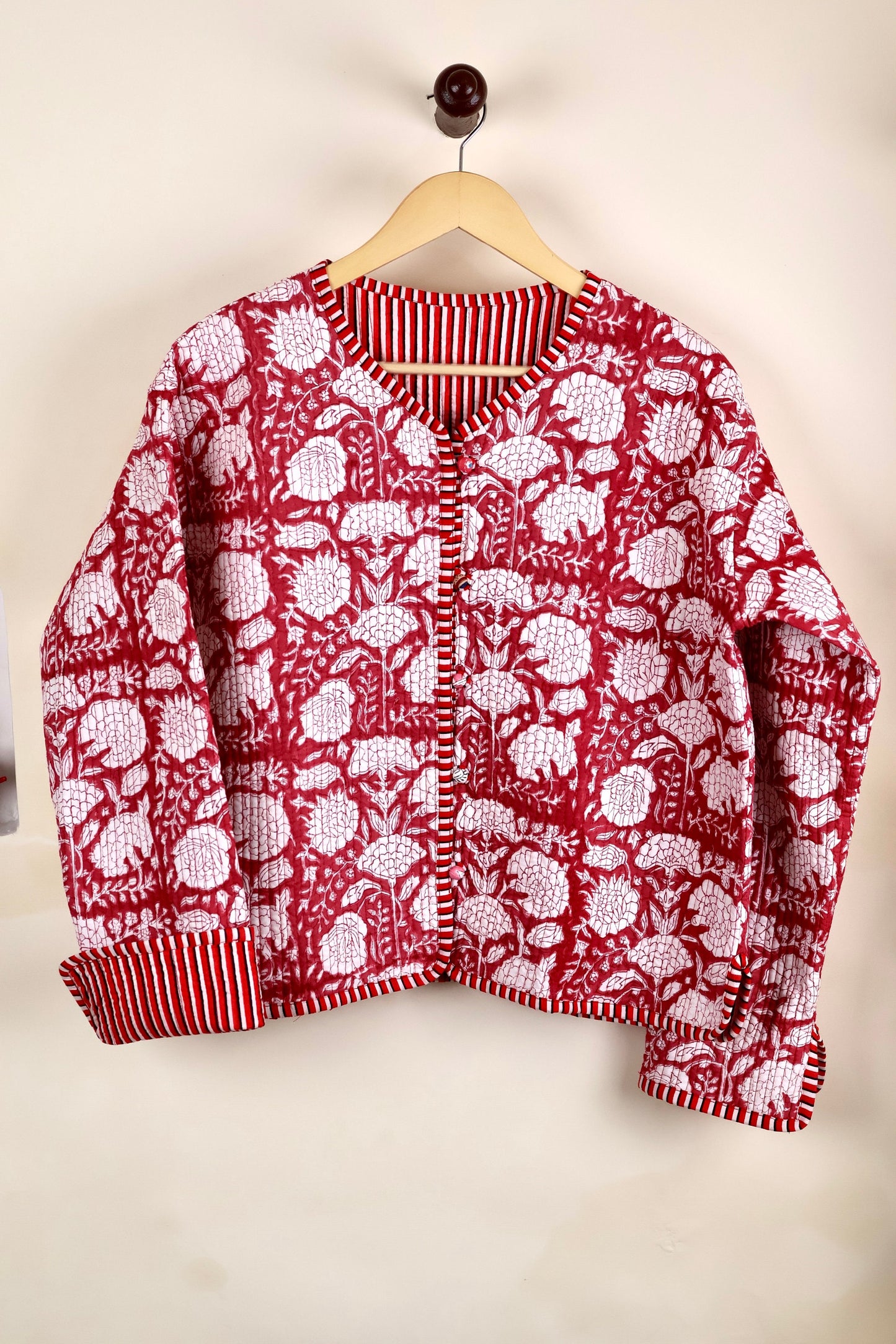 HandBlock Printed Quilted Cotton Jackets | White & Red Floral Women's Coat | Reversible Bohemian Style Indian Handmade Quilted Jackets