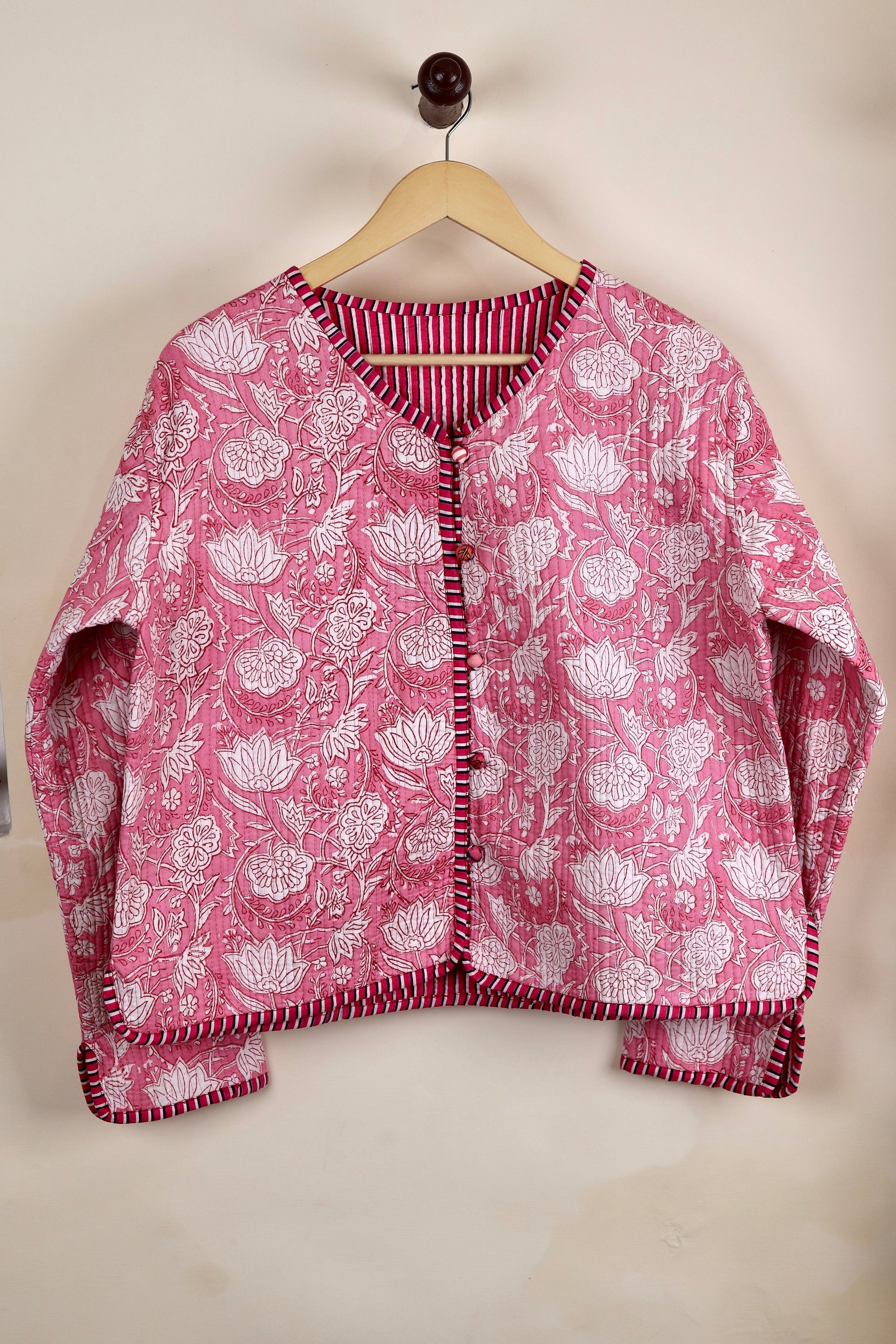 HandBlock Printed Quilted Cotton Jackets | Pink & White Floral Women's Coat | Reversible Bohemian Style Indian Handmade Quilted Jackets