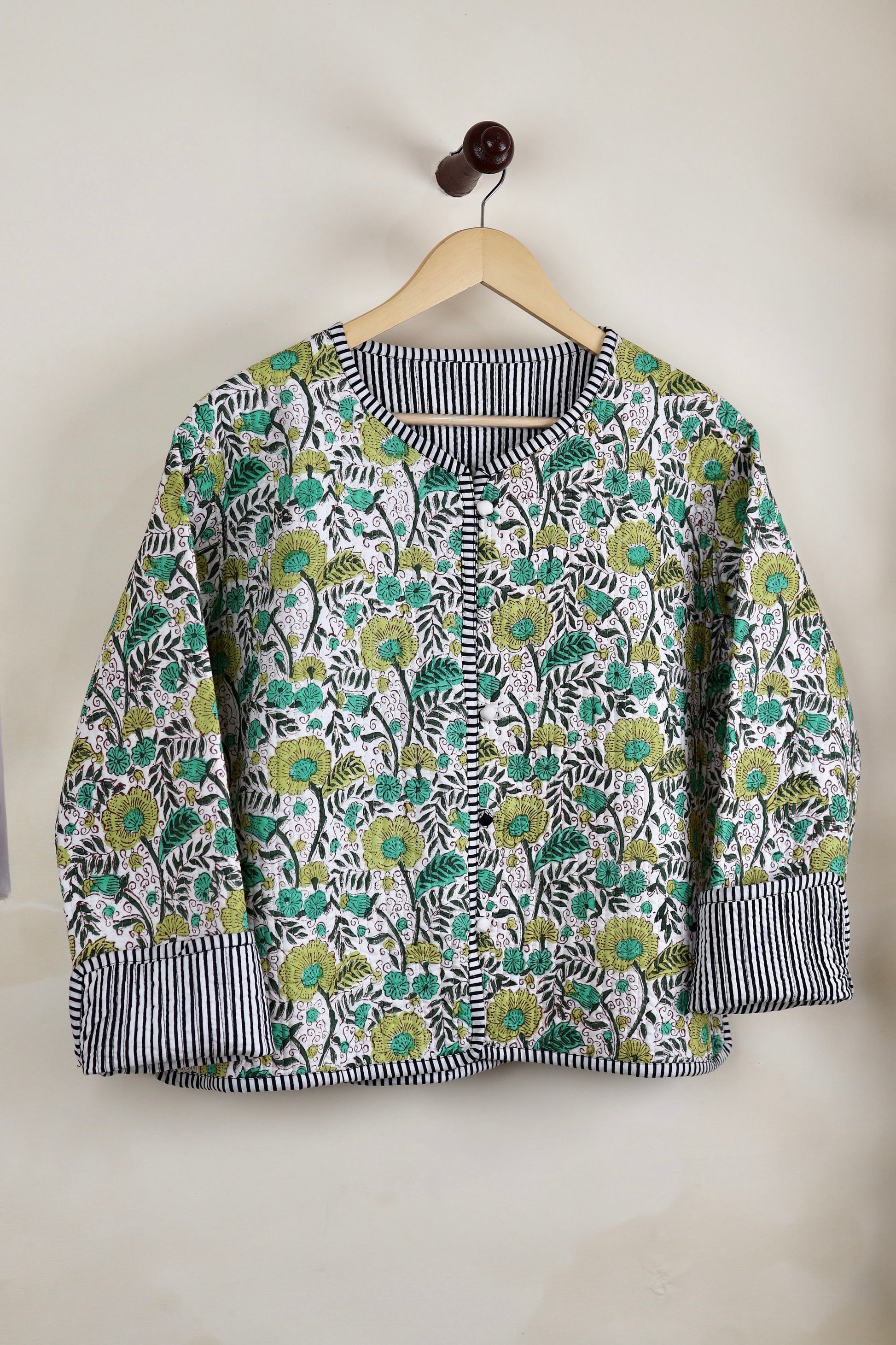 HandBlock Printed Quilted Cotton Jackets | White & Green Floral Women's Coat | Reversible Bohemian Style Indian Handmade Quilted Jackets