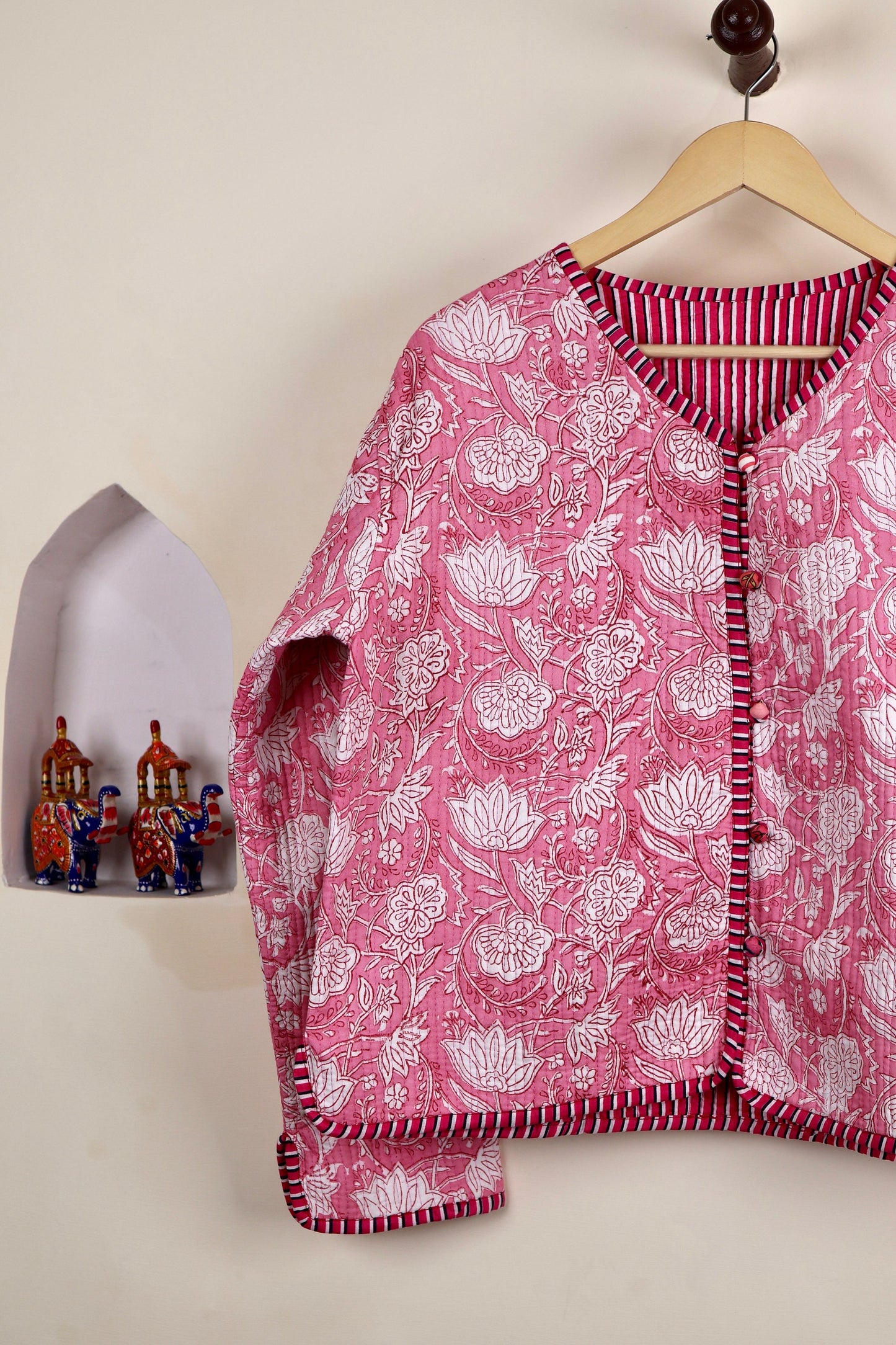 HandBlock Printed Quilted Cotton Jackets | Pink & White Floral Women's Coat | Reversible Bohemian Style Indian Handmade Quilted Jackets