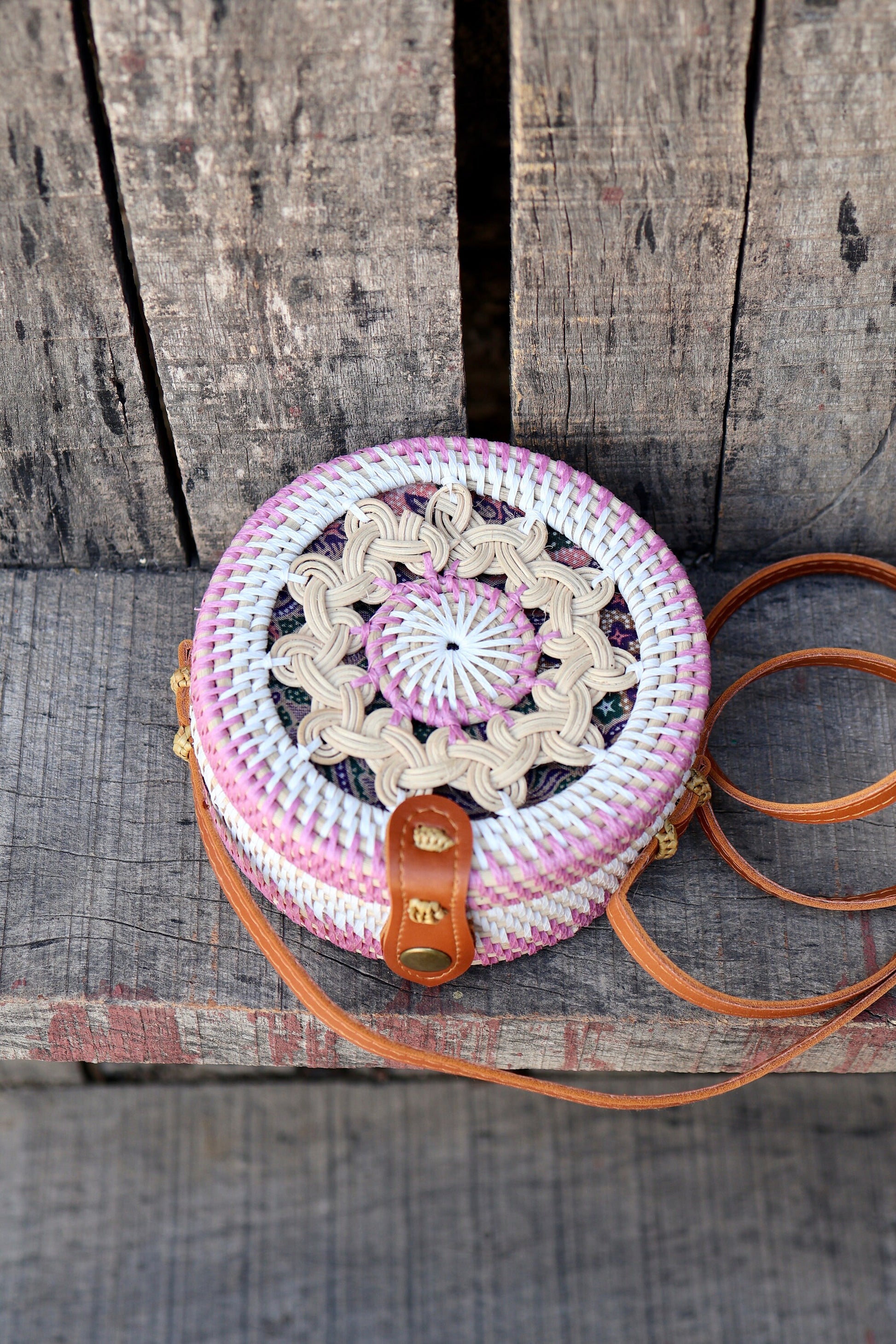 Pink Round Rattan Bag with Braid Pattern, Bali Bags, Handwoven Crossbody Purse, Braided Straw Bag, Bali Sling Bags Rattan Bags Gift for her