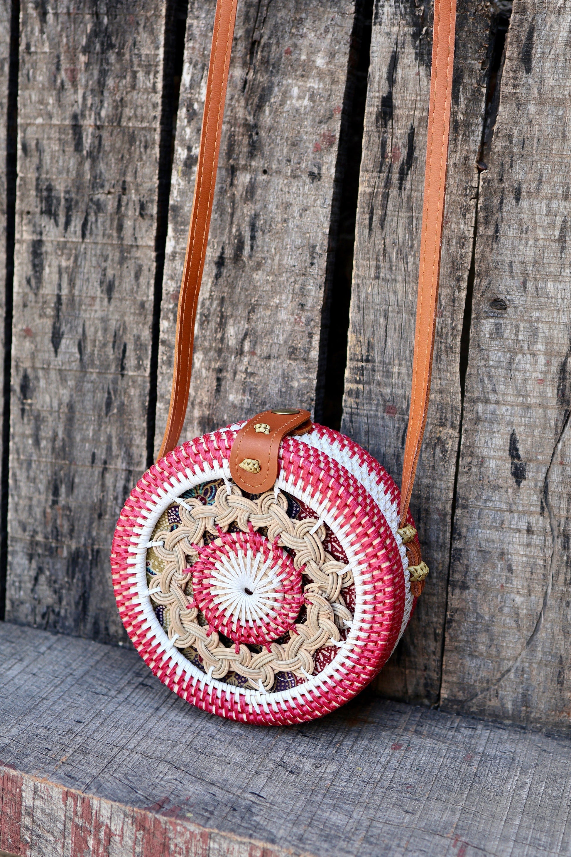 Round Rattan Bag with Braid Pattern, Bali Bags, Handwoven Crossbody Purse, Braided Straw Bag, Bali Sling Bags Rattan Bags Gift for her