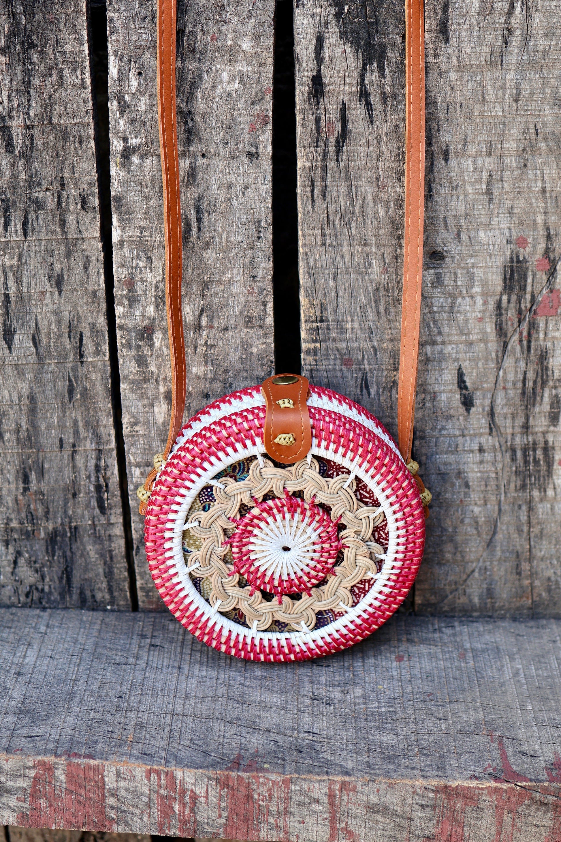 Round Rattan Bag with Braid Pattern, Bali Bags, Handwoven Crossbody Purse, Braided Straw Bag, Bali Sling Bags Rattan Bags Gift for her