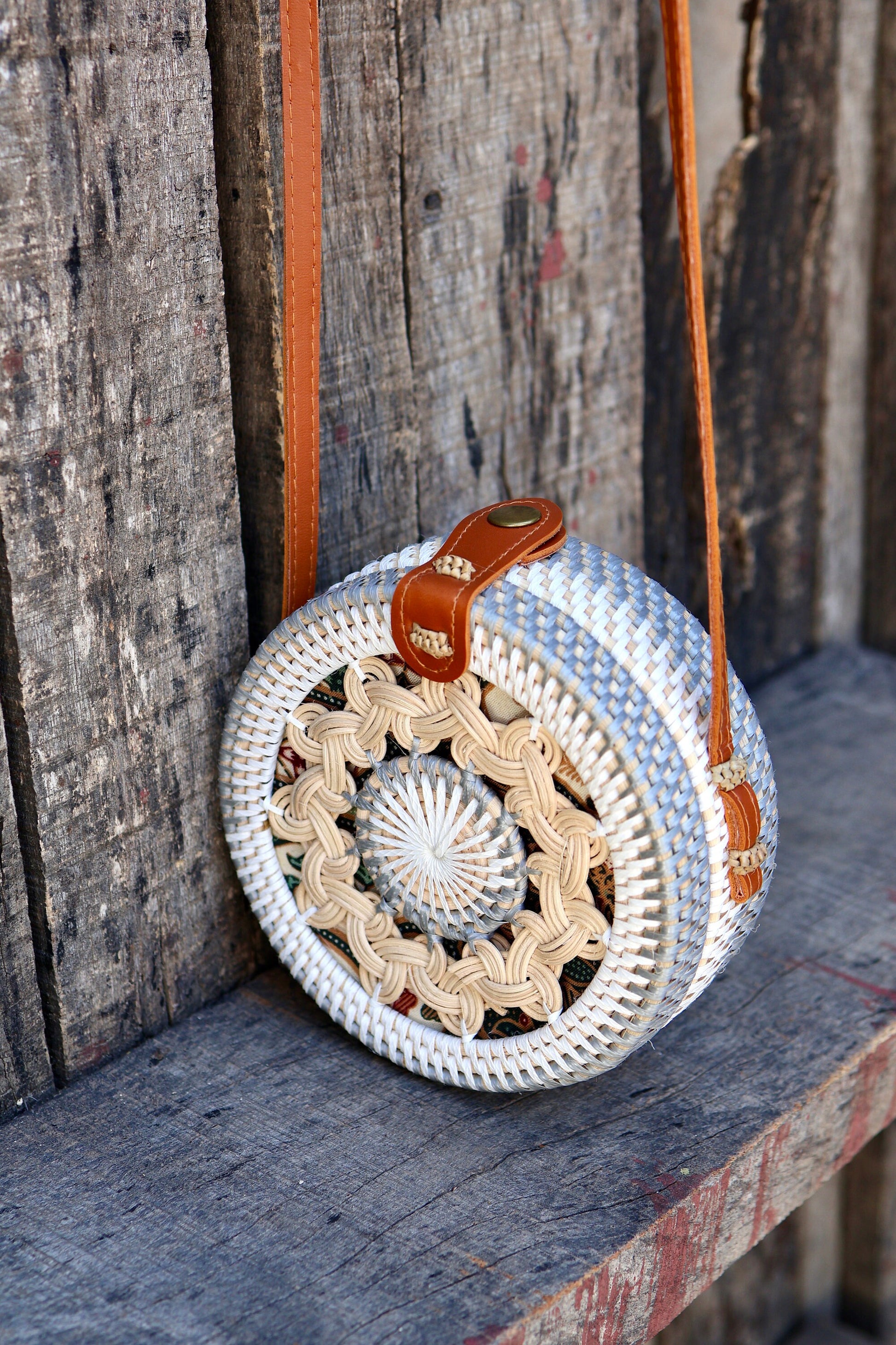 Round Rattan Bag with Braid Pattern, Bali Bags, Handwoven Crossbody Purse, Braided Straw Bag, Bali Sling Bags Rattan Bags Gift for her