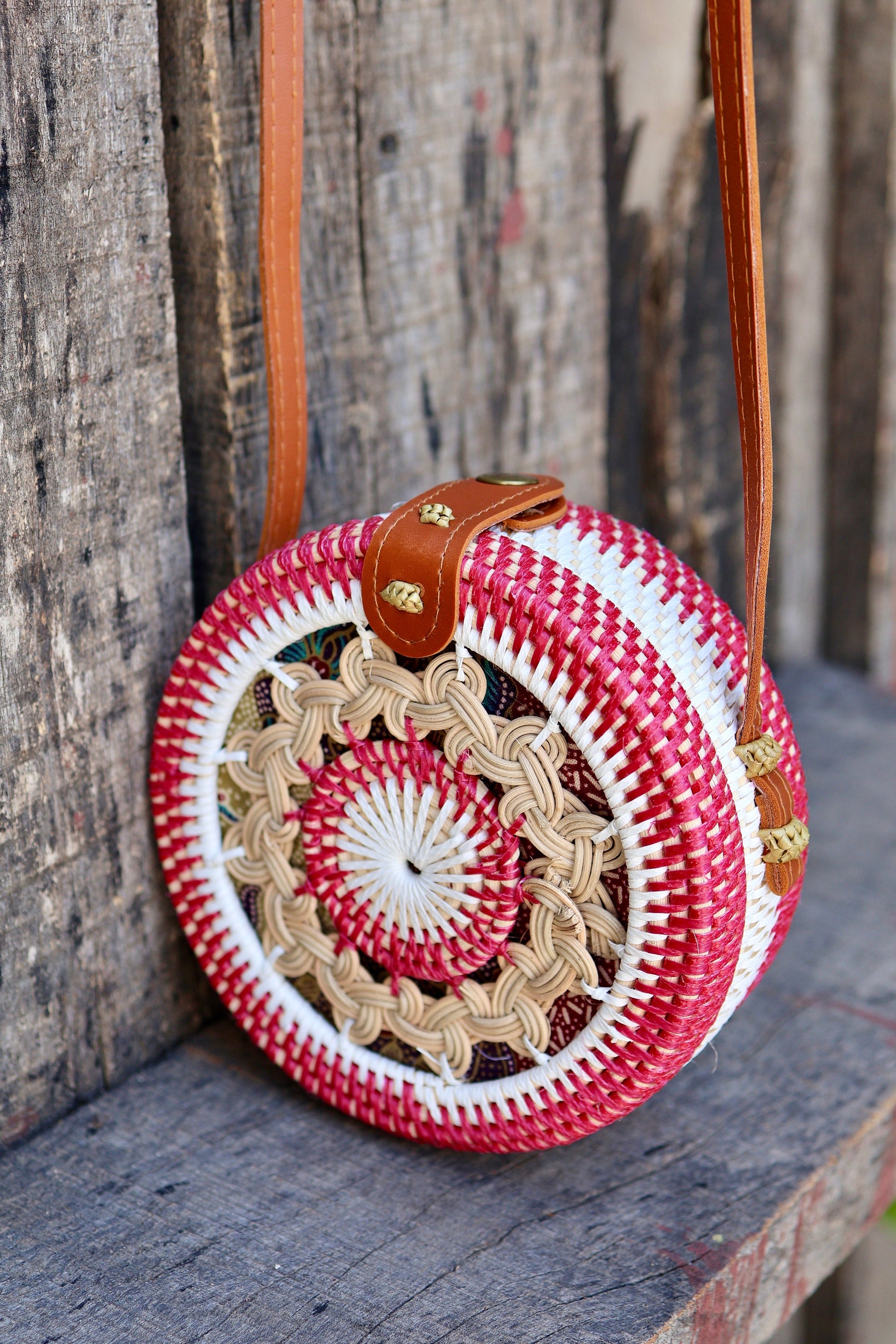 Round Rattan Bag with Braid Pattern, Bali Bags, Handwoven Crossbody Purse, Braided Straw Bag, Bali Sling Bags Rattan Bags Gift for her