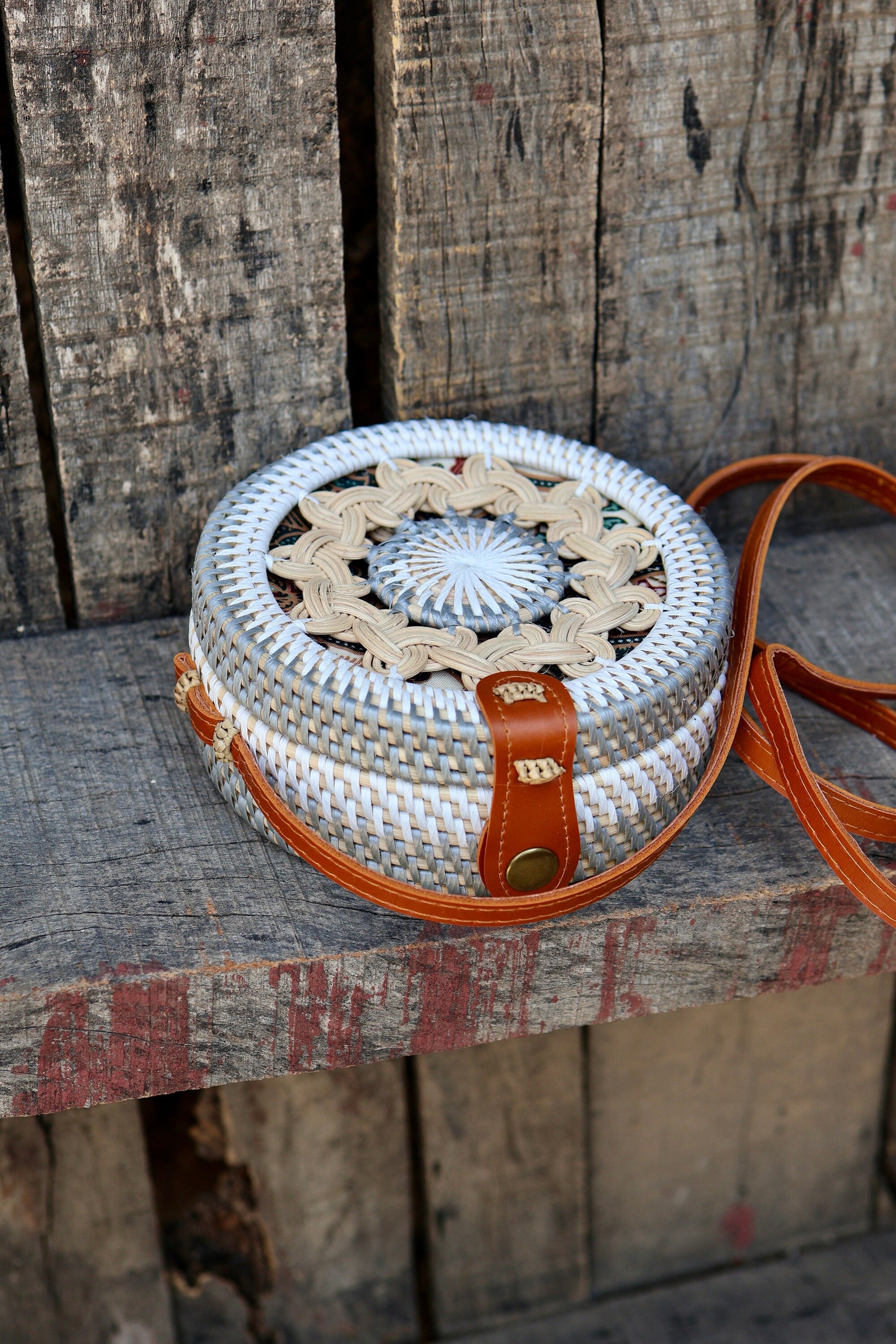 Round Rattan Bag with Braid Pattern, Bali Bags, Handwoven Crossbody Purse, Braided Straw Bag, Bali Sling Bags Rattan Bags Gift for her